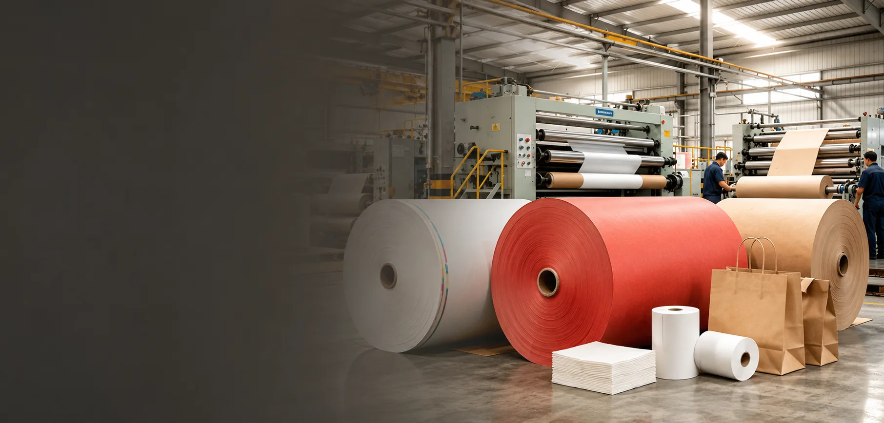 Full-width paper jumbo rolls and converting production banner