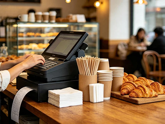 Foodservice counter using napkins straws and POS receipt paper